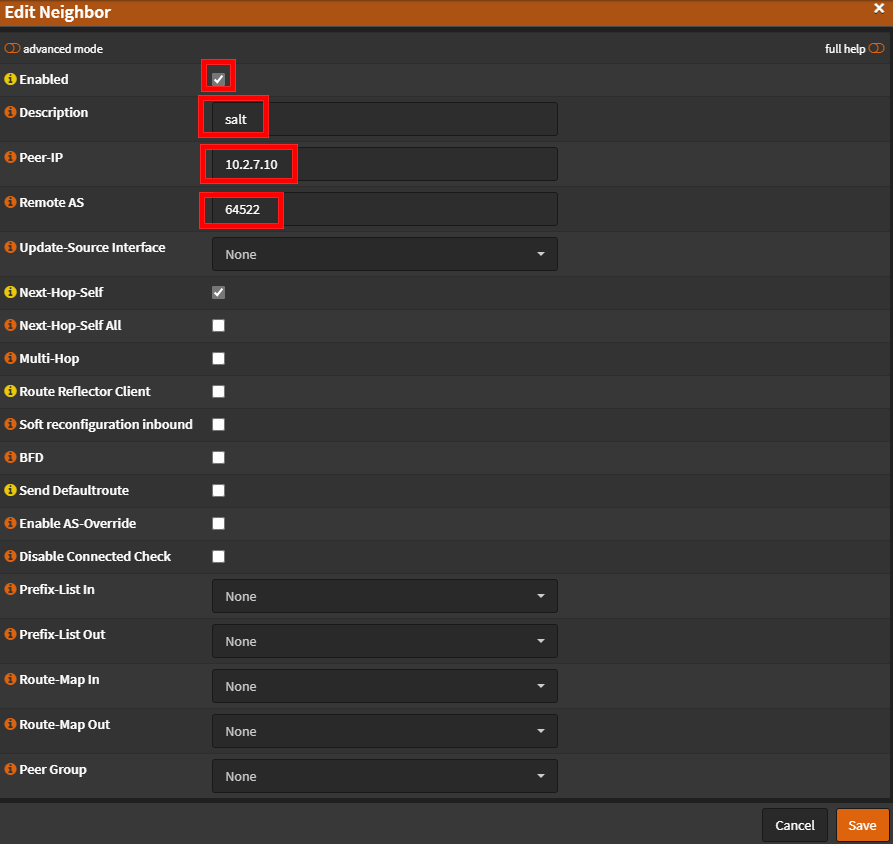 OPNSense BGP Neighbor Configuration